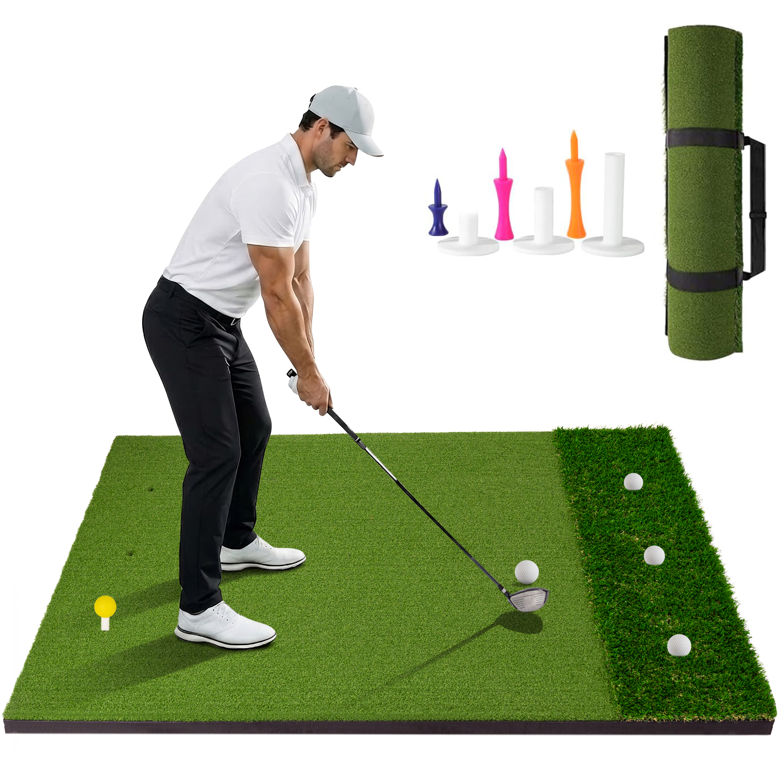 MONOJOY Golf Hitting Mat 5x4ft, Thick 31mm Artificial Turf Practice Mat with 6 Tees, Durable EVA Backing for Indoor | Outdoor Driving, Chipping & Swing Training