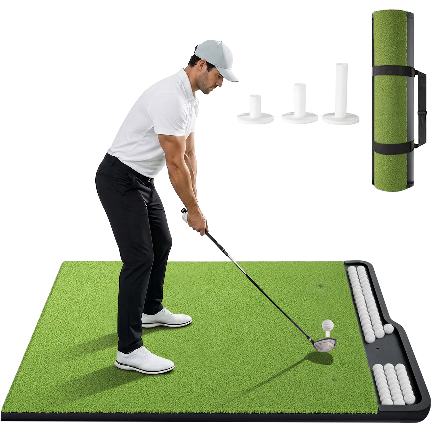 MONOJOY 5x4ft Golf Hitting Mat with Integrated Ball Tray, Premium Golf Practice Mat for Indoor & Outdoor Use, Professional Golf Turf Mat with 3 Rubber Tees & Binding Strap